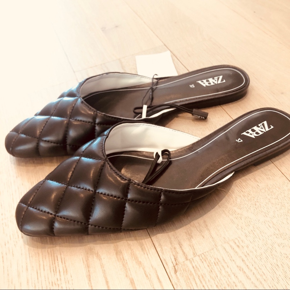 NWT Zara Black Faux Leather Quilted Mules - Picture 4 of 7